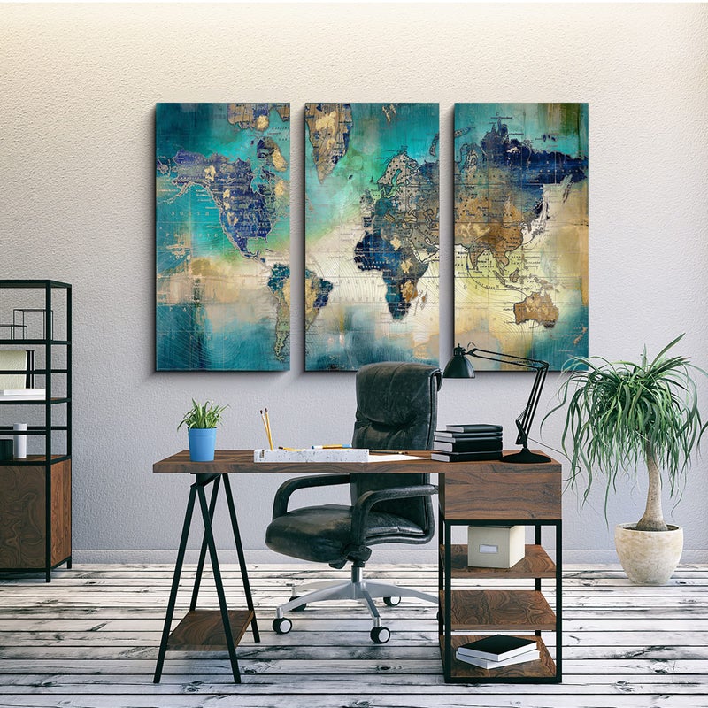 Pogusmavi Canvas Wall Art for Living Room - World Map Wall Decor - Large Wall Art for Bedroom - Office Artwork - Map Wall Art 16"x32" 3 Piece Canvas Wall Art - Image 3